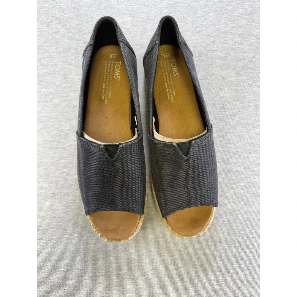 TOMS Clarissa Peep Toe Espadrille Wedge‎ Sandals Charcoal Gray Canvas Womens 8
